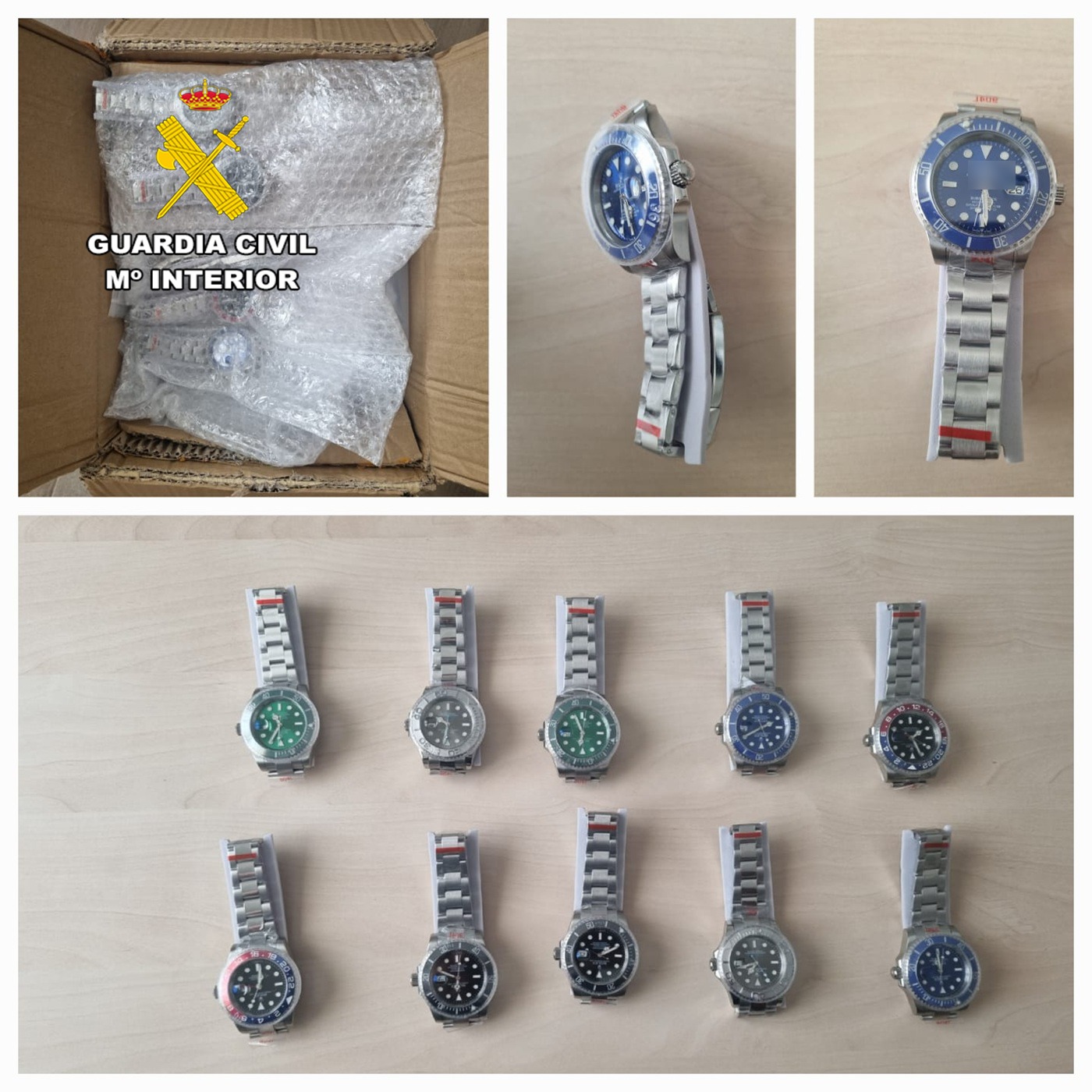 Vista general de parte de los 40 relojes de pulsera incautados en el operativo.