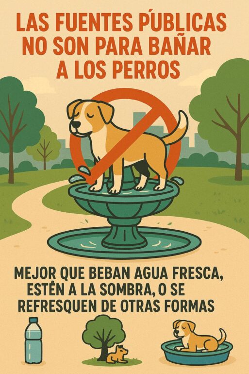 Perro junto a una fuente ornamental en un parque de Albacete.