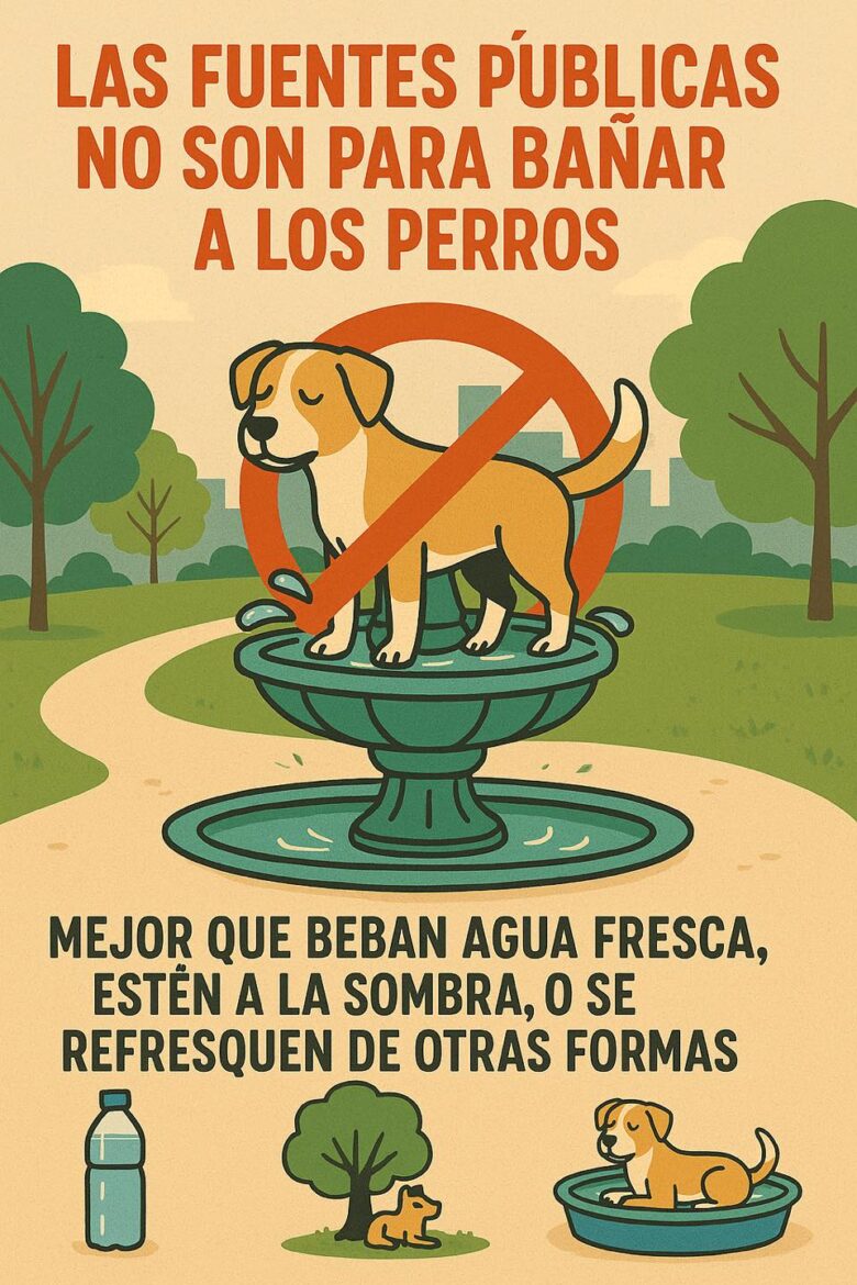 Perro junto a una fuente ornamental en un parque de Albacete.